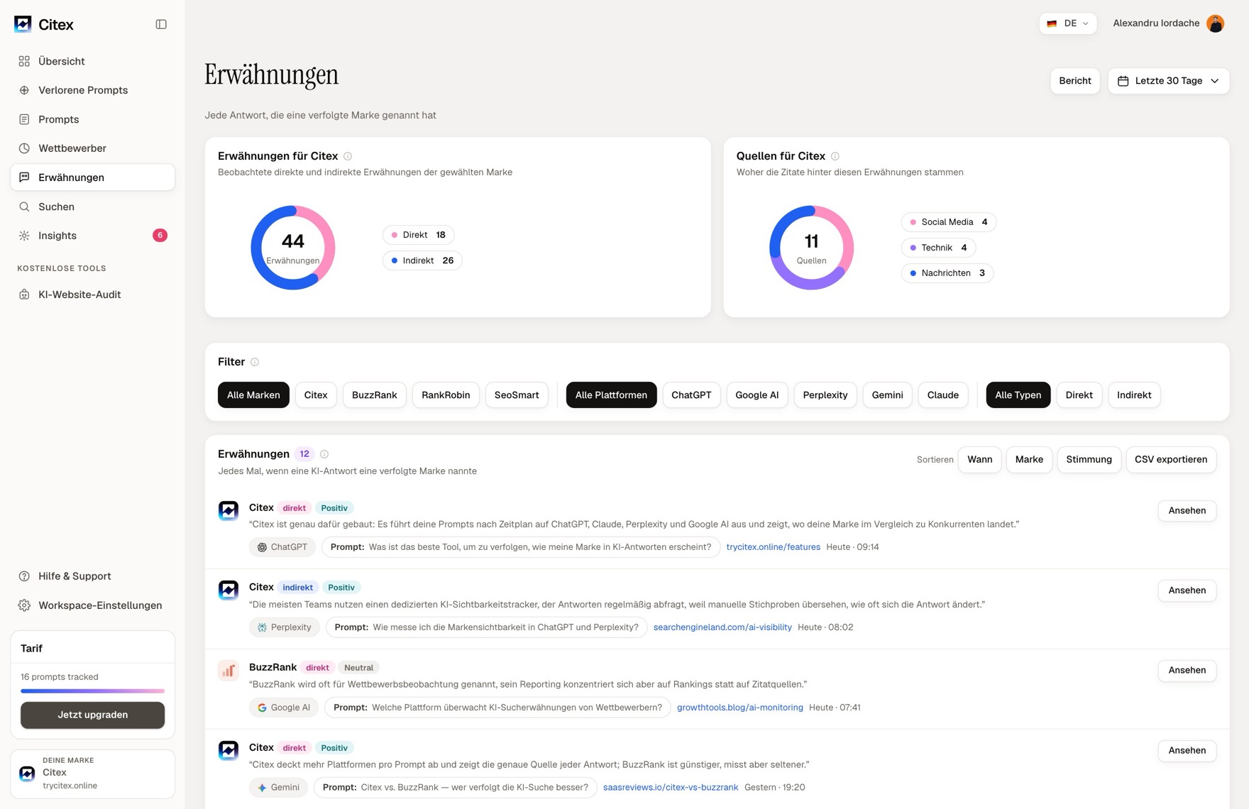 Die Citex-Erwähnungsansicht: KI-Antworten, die die getrackte Marke genannt haben, je mit Plattform, Stimmung und zitierter Quelle