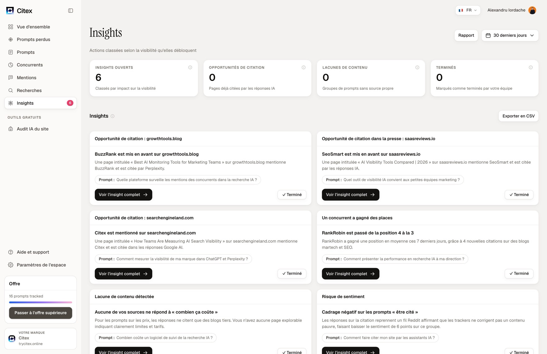 La vue Insights de Citex : les constats ouverts classés par impact, chacun relié au prompt et à la page qui le motive