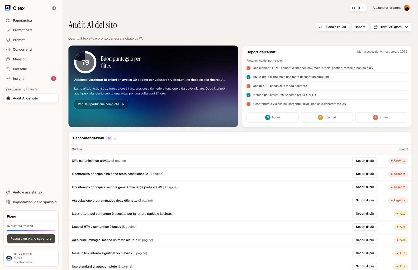 L’audit AI del sito di Citex: un punteggio su 100, i criteri verificati e le raccomandazioni ordinate per priorità