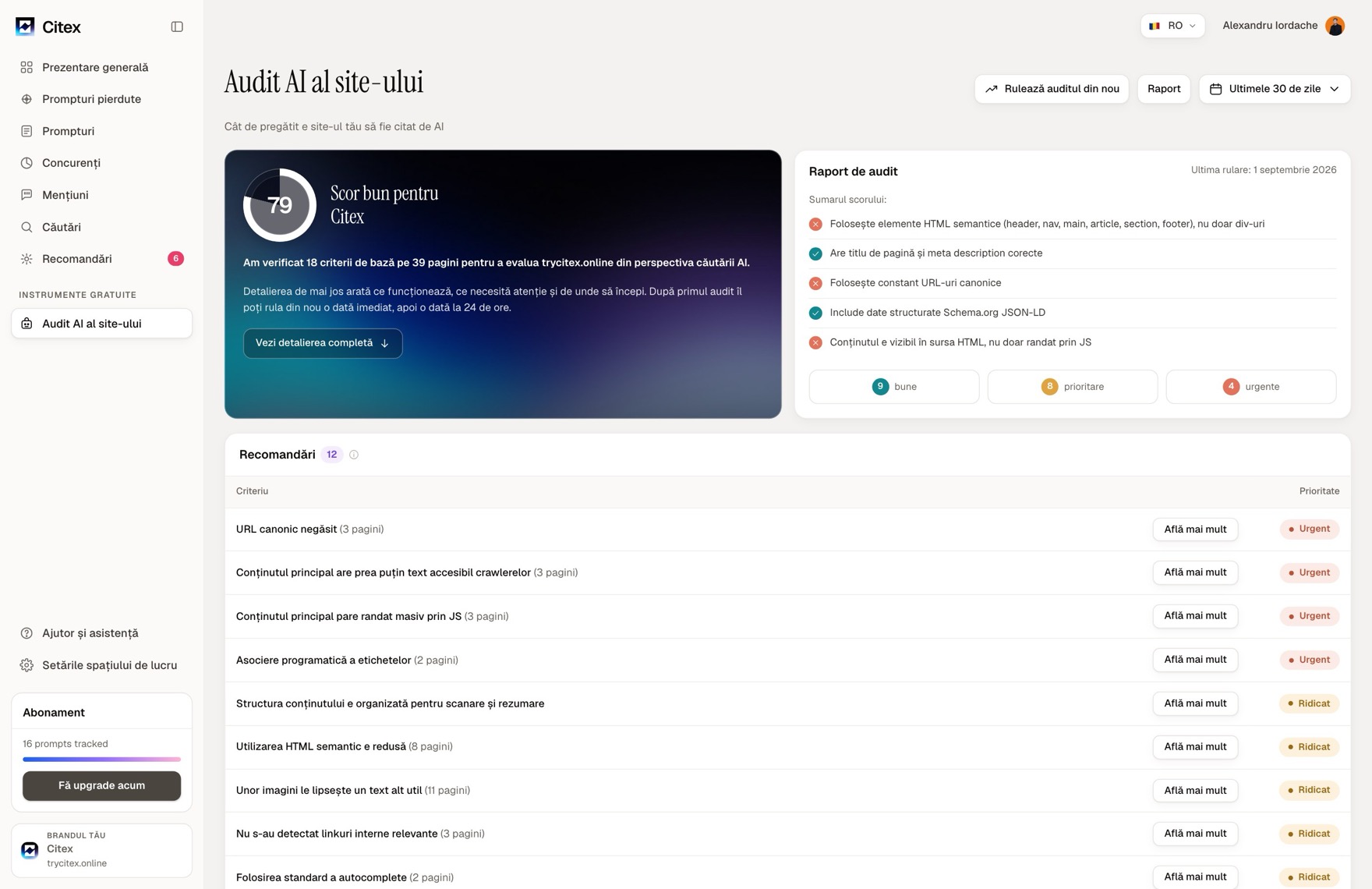 Auditul AI al site-ului din Citex: un scor din 100, criteriile verificate și recomandările ordonate după prioritate