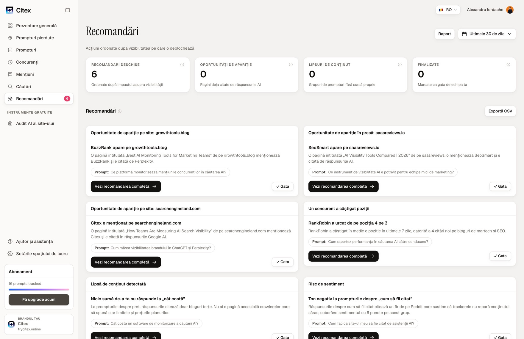 Vizualizarea Insights din Citex: constatările deschise ordonate după impact, fiecare legată de promptul și pagina din spate
