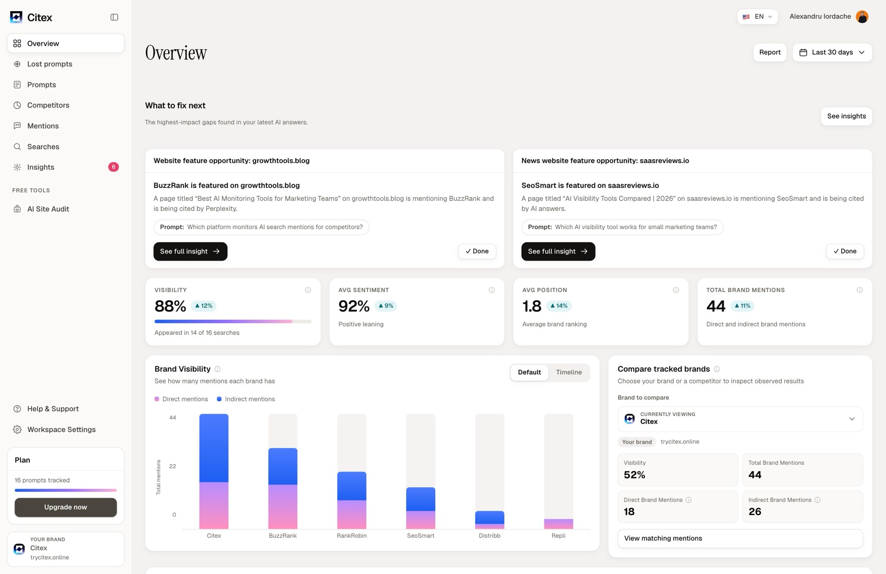 The Citex Overview: visibility, sentiment, average position and total mentions above the brand visibility chart