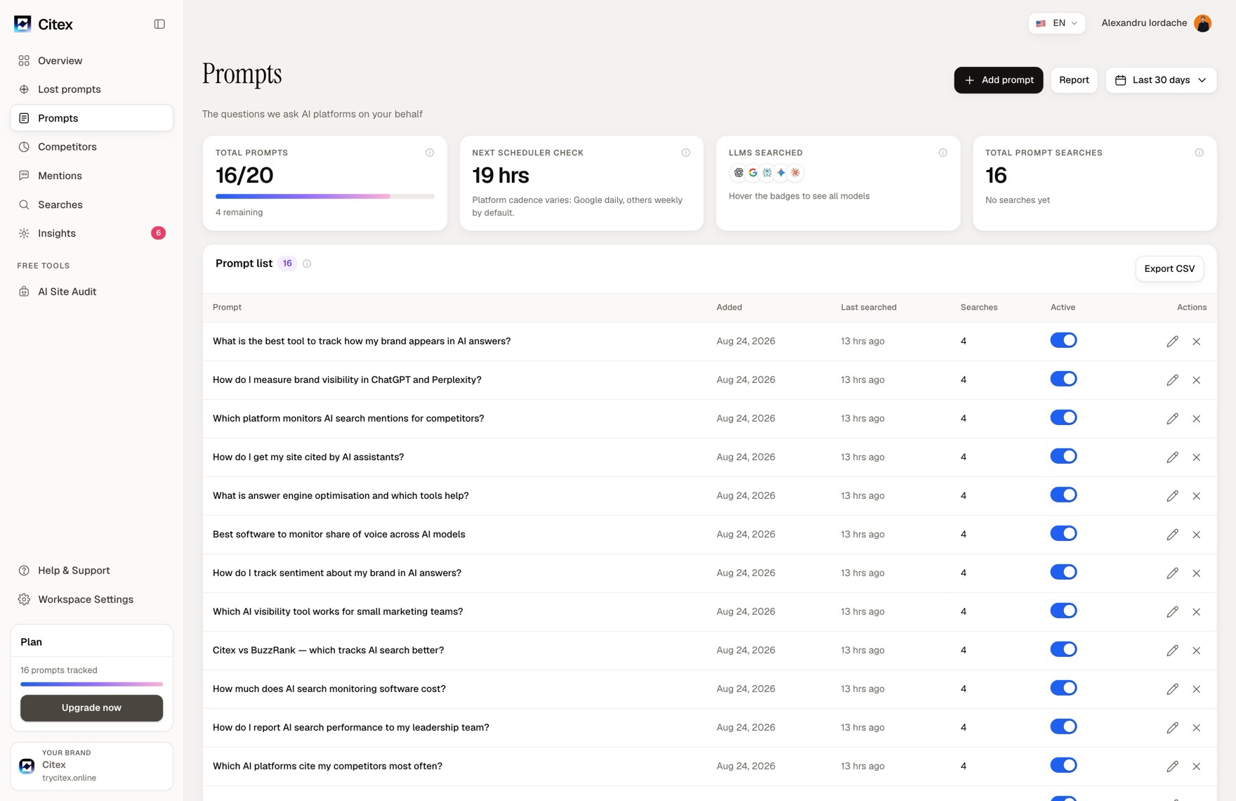 The Citex Prompts view: sixteen tracked prompts, when each last ran and how many searches it has had